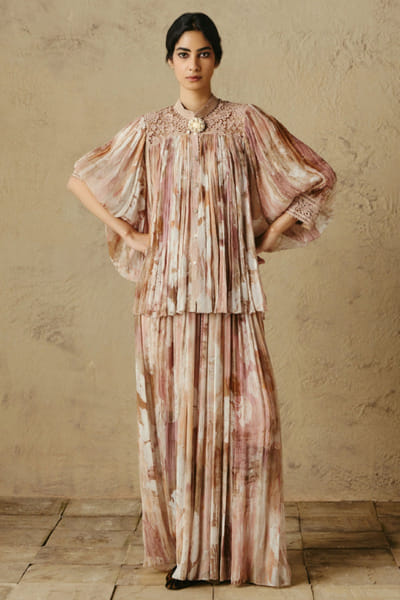 OTT By Tarun Tahiliani Blush ombre floral print gathered trousers OTTBJUN26D247417