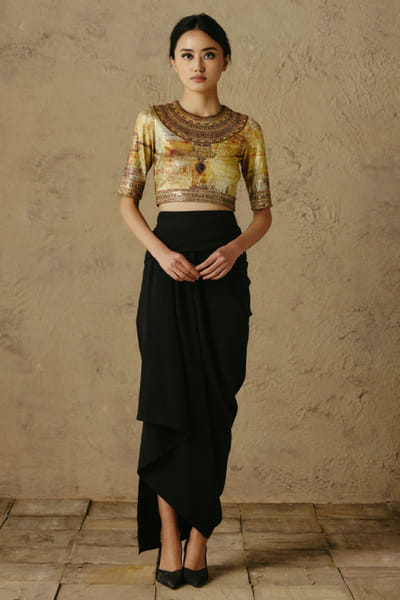 OTT By Tarun Tahiliani Yellow printed embellished crop blouse OTTBJUN26D247425