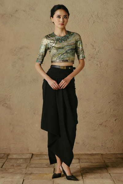 OTT By Tarun Tahiliani Green handpainted abstract embellished blouse OTTBJUN26D247424