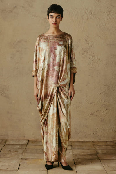 OTT By Tarun Tahiliani Ecru-blush ombre printed asymmetric top OTTBJUN26D247416