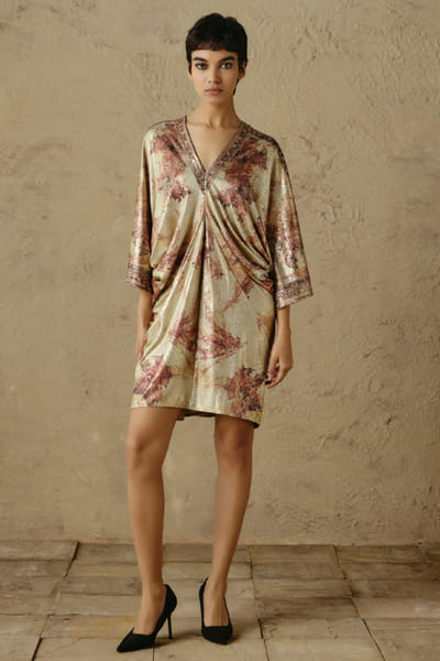 OTT By Tarun Tahiliani Ecru printed jewel embroidered short dress OTTBJUN26D147380