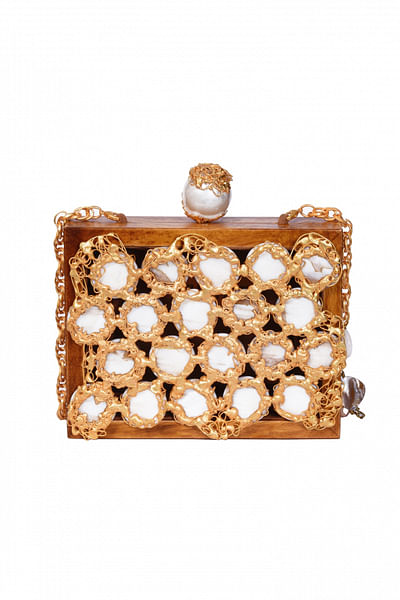 Wooden clutch with molten mother of pearl