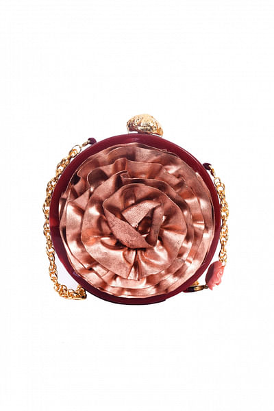 Round clutch with faux leather flower