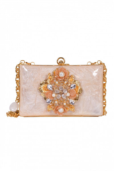 Clutch with embellishments, rose flowers and enamel