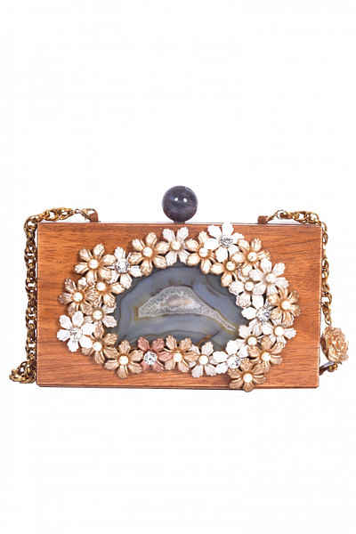 Wood clutch with embellished agate