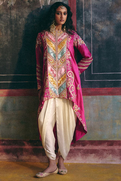 Fucshia pink brocade patchwork kurta set