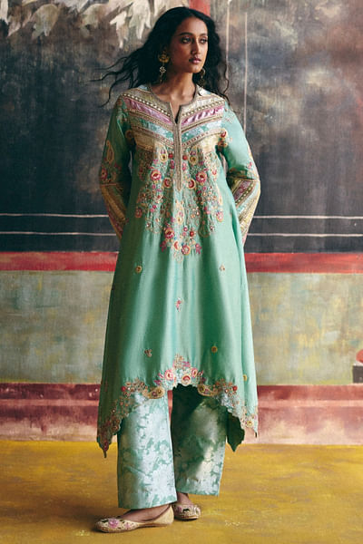 Cyan embroidered kurta set