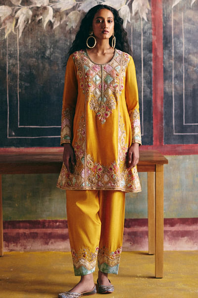 Mustard embroidered kurta set