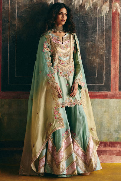 Cyan brocade patchwork sharara set
