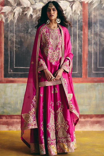 Fuchsia pink brocade patchwork sharara set
