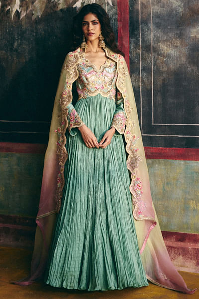 Cyan embroidered anarkali set