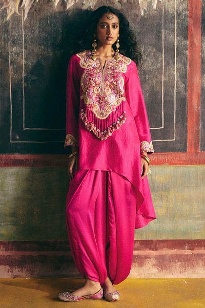Fuchsia pink patchwork embroidered kurta set