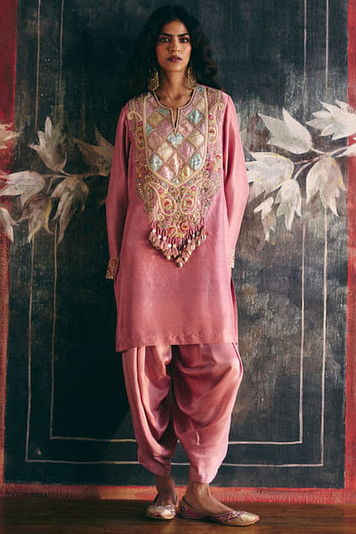 Lilac patchwork embroidered kurta set