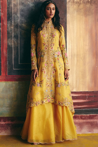 Yellow embroidered jacket set