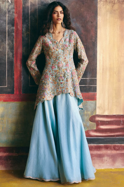 Cyan embroidered peplum and sharara set