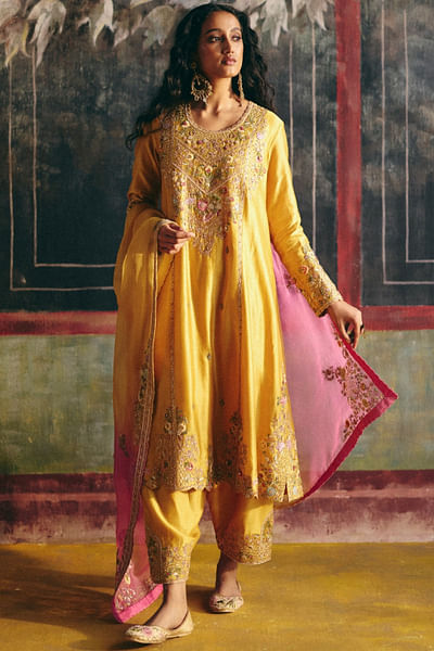 Yellow embroidered kurta set