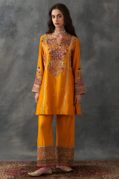 Mustard embroidered short kurta set