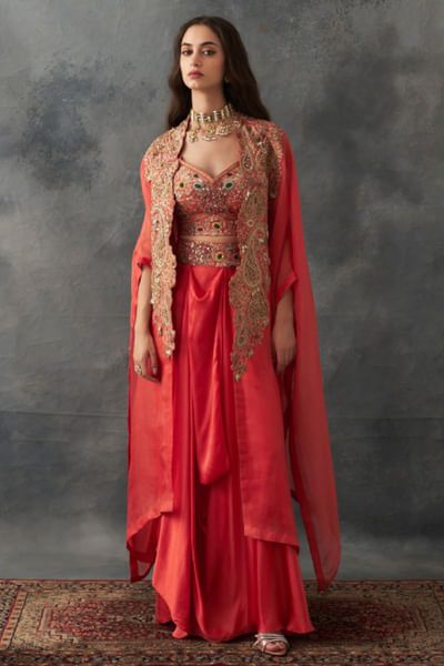 Rust embroidered cape set