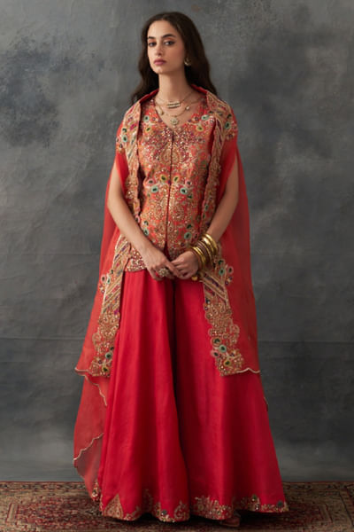 Rust embroidered cape and jacket set