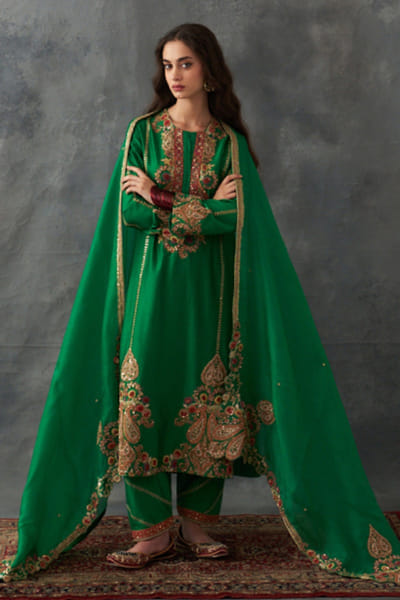 Green embroidered A- line kurta set