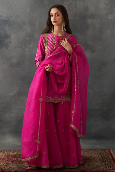 Fuchsia pink embroidered sharara set