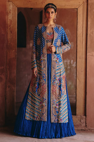 Blue embroidered jacket and skirt set