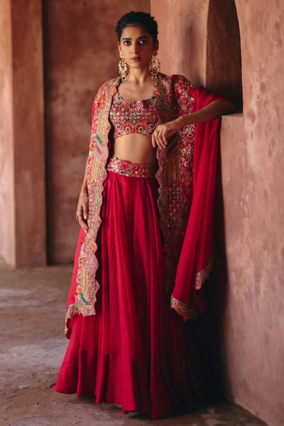Red embroidered cape skirt set