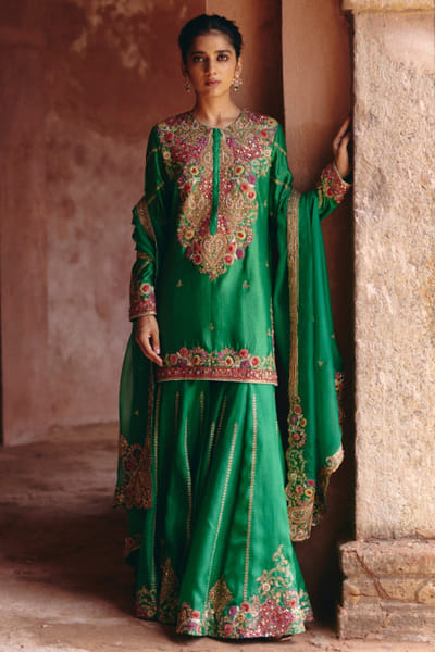 Green embroidered kurti sharara set