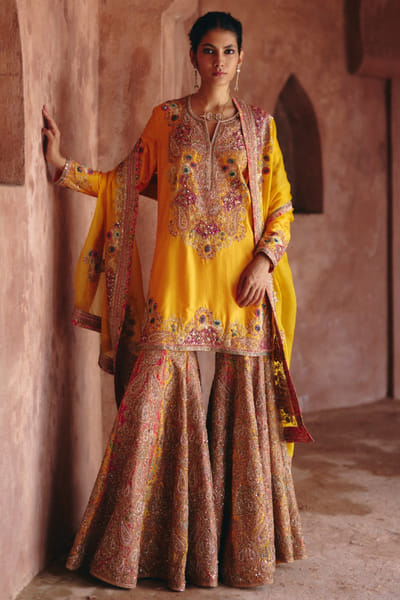 Mustard embroidered sharara set