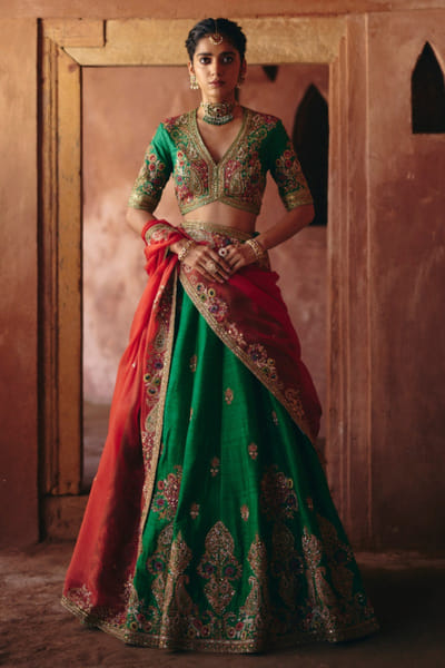Green motif embroidered lehenga set
