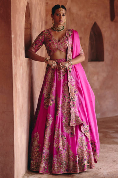 Fuchsia embroidered kali lehenga set