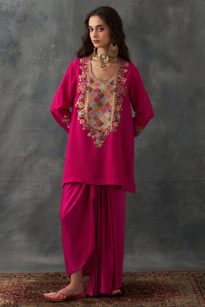 Fuchsia pink patchwork kurta and draped skirt