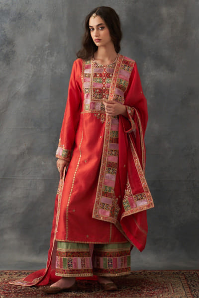 Rust patchwork embroidered kurta set