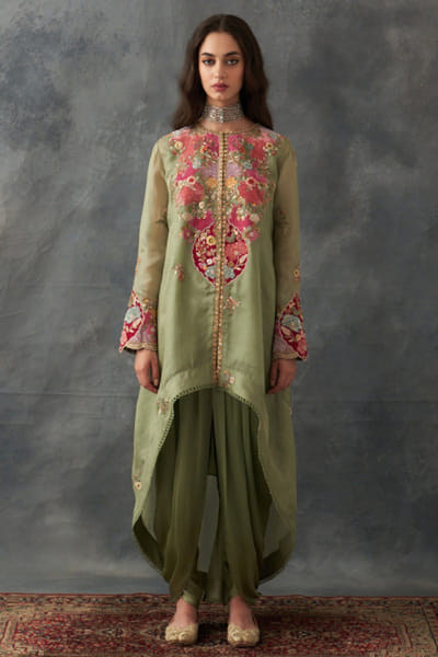 Olive patchwork embroidered kurta set