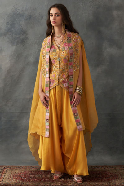 Yellow embroidered jacket set