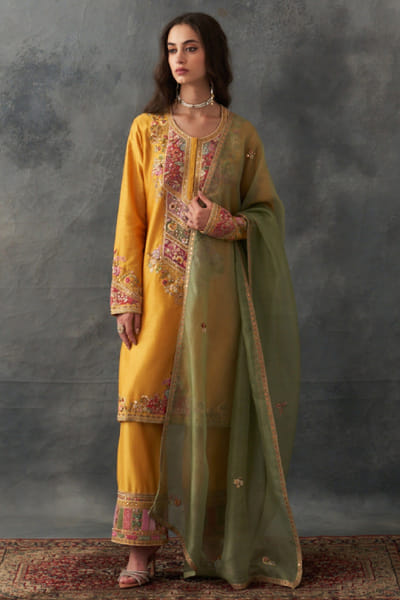 Yellow embroidered kurta set