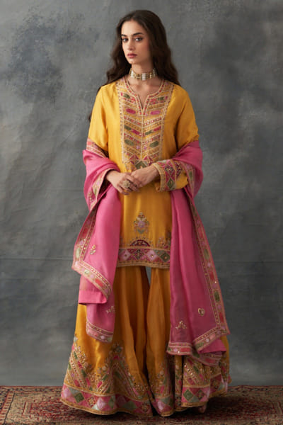 Yellow embroidered sharara set