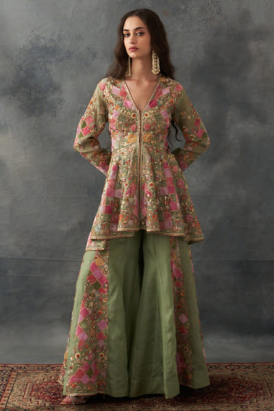 Olive floral embroidered sharara set