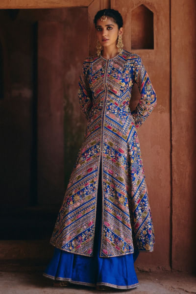 Blue aari embroidered jacket set