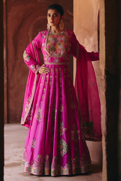 Fuchsia patchwork embroidered kalidar set