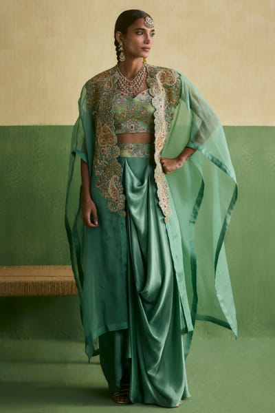 Petticoat Lane Blue embroidered scallop cape-drape skirt set PETTJUN26D147880