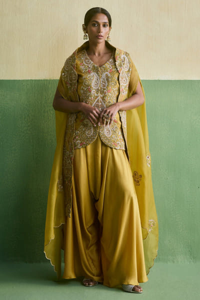 Petticoat Lane Yellow paisley embroidered cape-jacket set PETTJUN26D147881