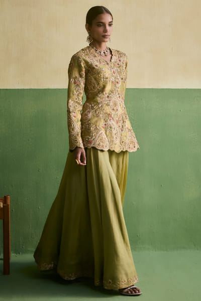 Petticoat Lane Sage green embroidered peplum sharara set PETIMAY26D144240