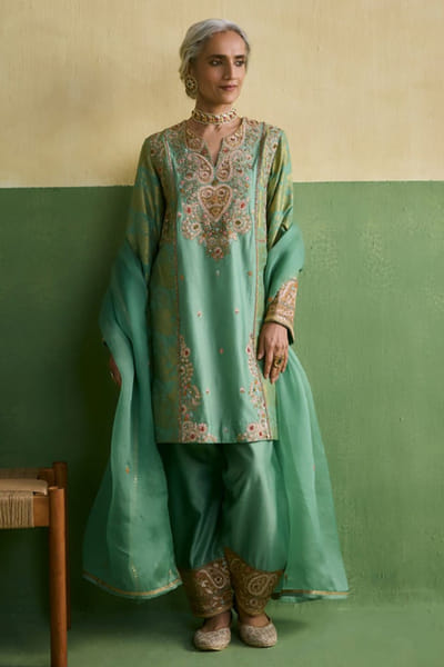 Petticoat Lane Cyan embroidered phiran kurta and salwar set PETIMAY26D144241