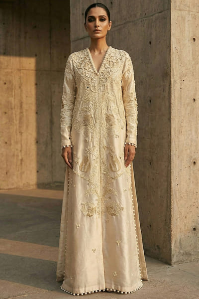 Sana Safinaz Ivory embellished textured long kurta set SANAJUL26D150072