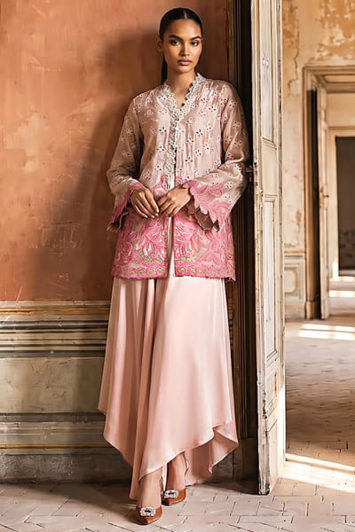 Sana Safinaz Pink embroidered aysmmetric pant set SANAAUG26D153591