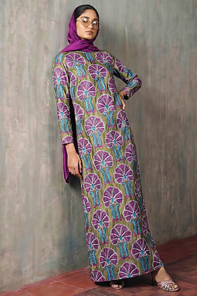Sana Safinaz Green-purple patchwork embroidered kaftan SANAAUG26D153594