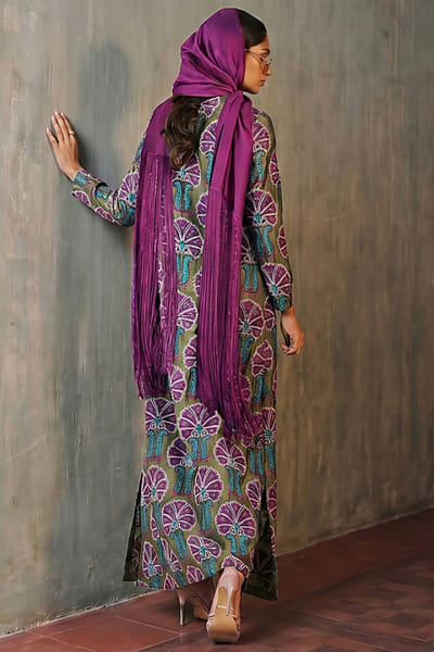 Sana Safinaz Green-purple patchwork embroidered kaftan SANAAUG26D153594