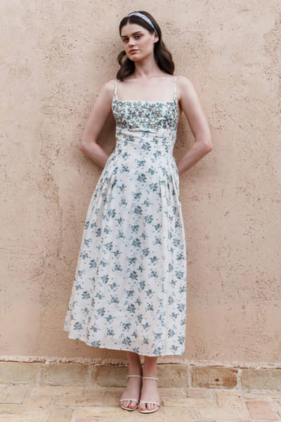 Shruti Sancheti Ecru print embroidered midi dress SHRUJUN26D147578