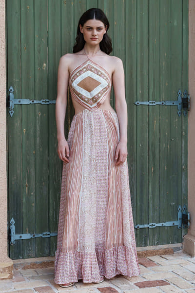 Shruti Sancheti Salmon pink print embroidered maxi dress SHRUJUN26D147590